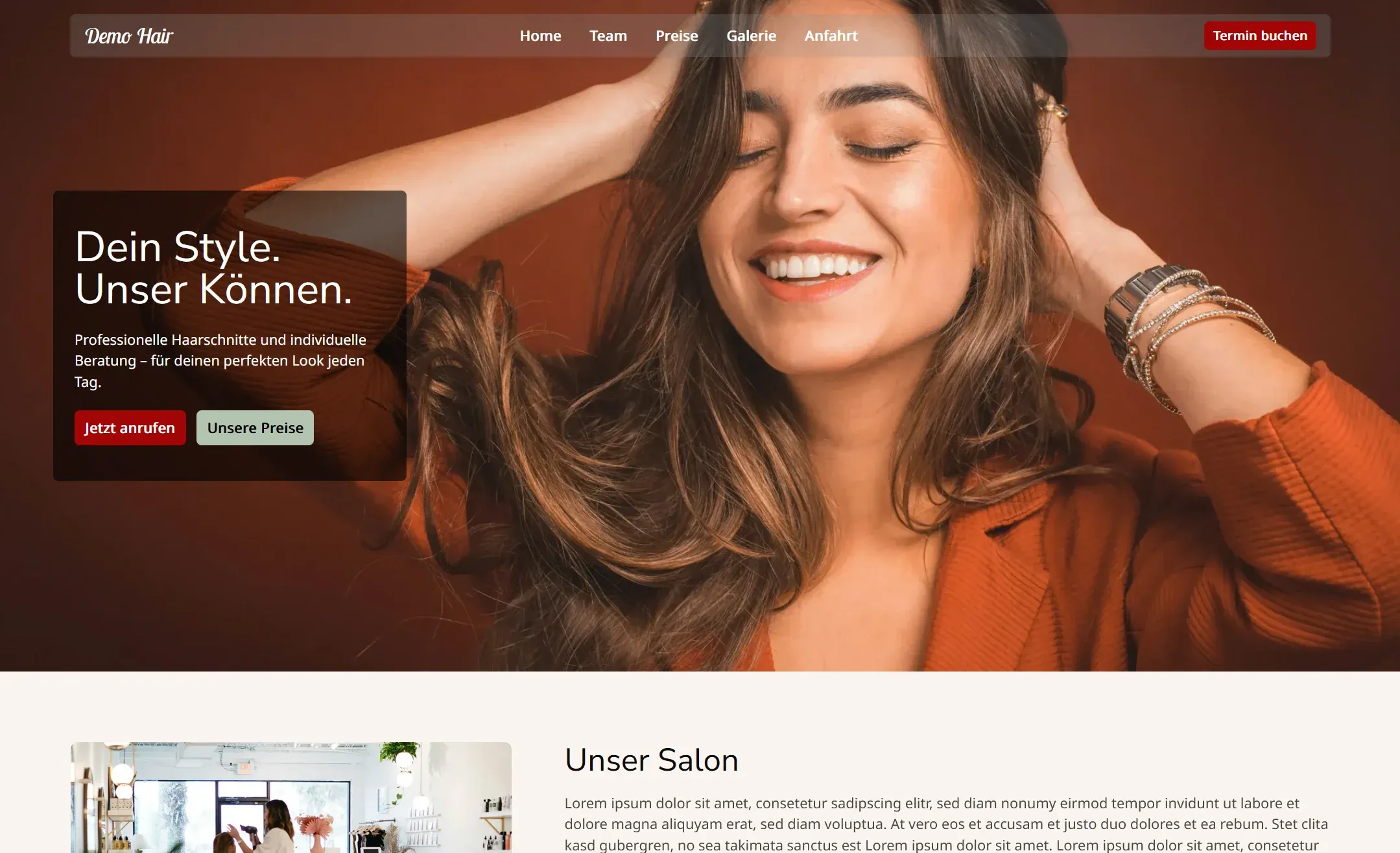 Bildschirmaufnahme der Webseite von Demo-Hair