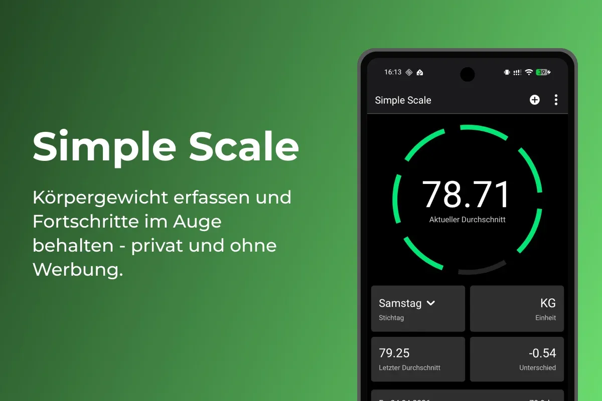 Eine Überschrift mit dem Namen der App und einem kurzer übersichtstext sowie einem Screenshot der Simple Scale App nebendran