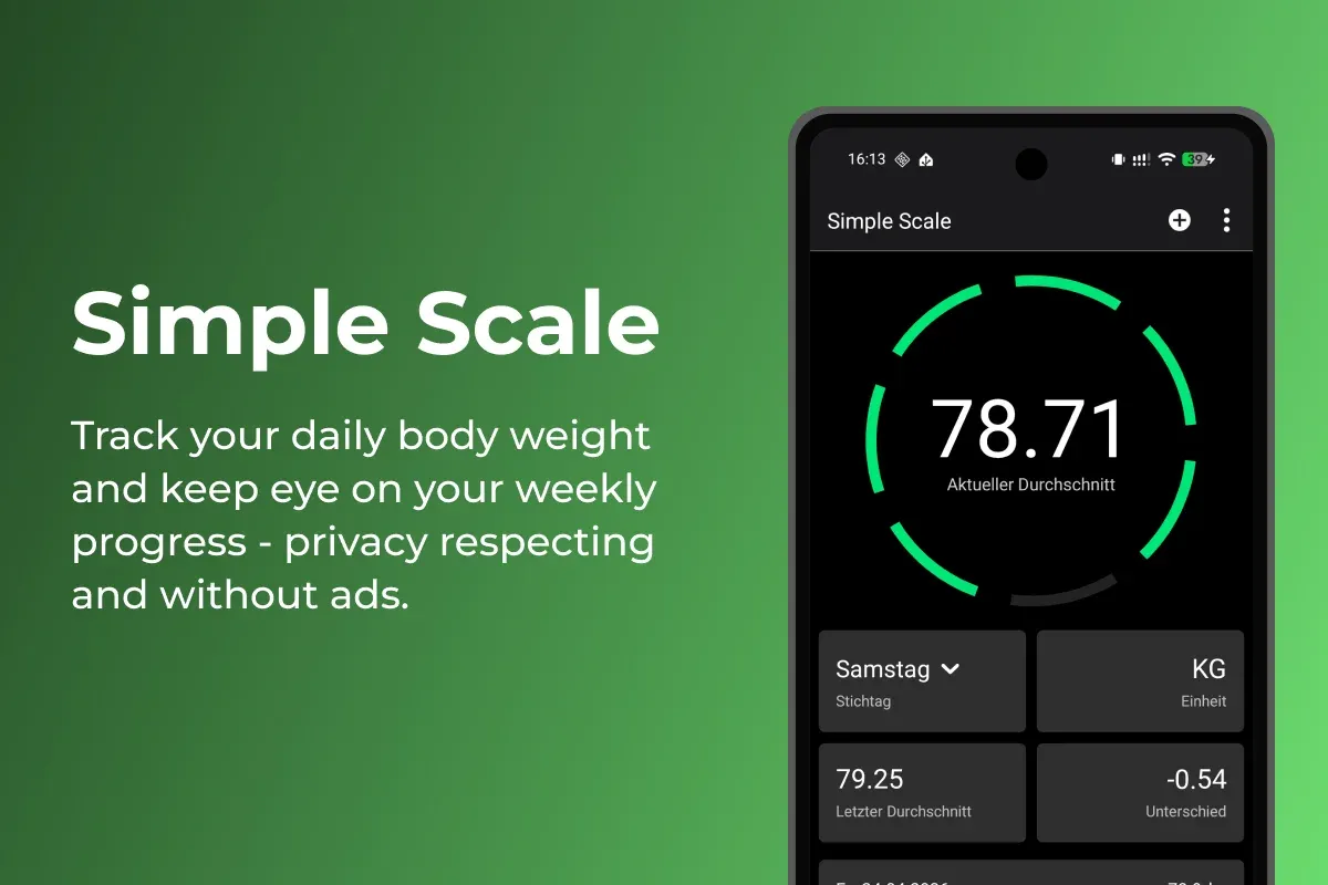 A headline with the app name and a small text describing it's functionality on the left together with a screenshot of the simple scale app on the right.